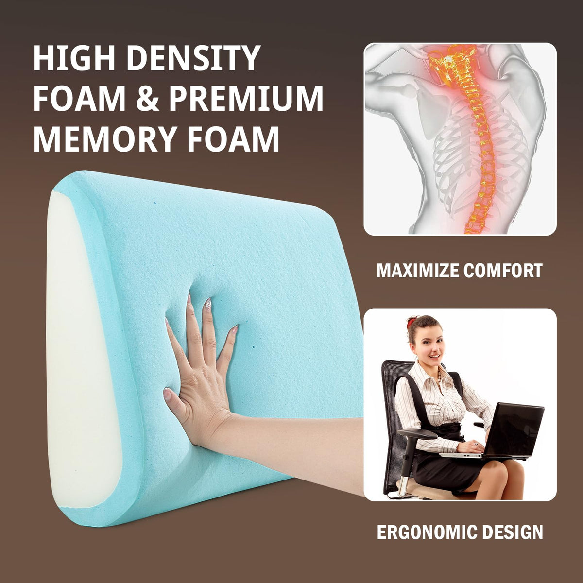 HOMBYS back support with adjustable strap securing cushion to chair