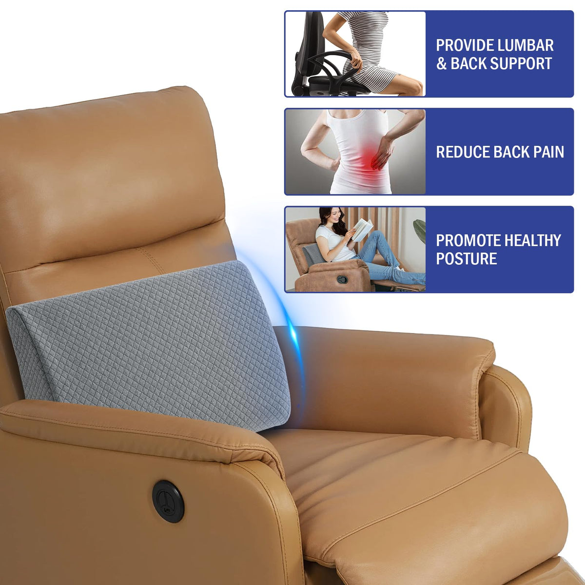 HOMBYS adjustable strap keeps the pillow secure while moving in a recliner