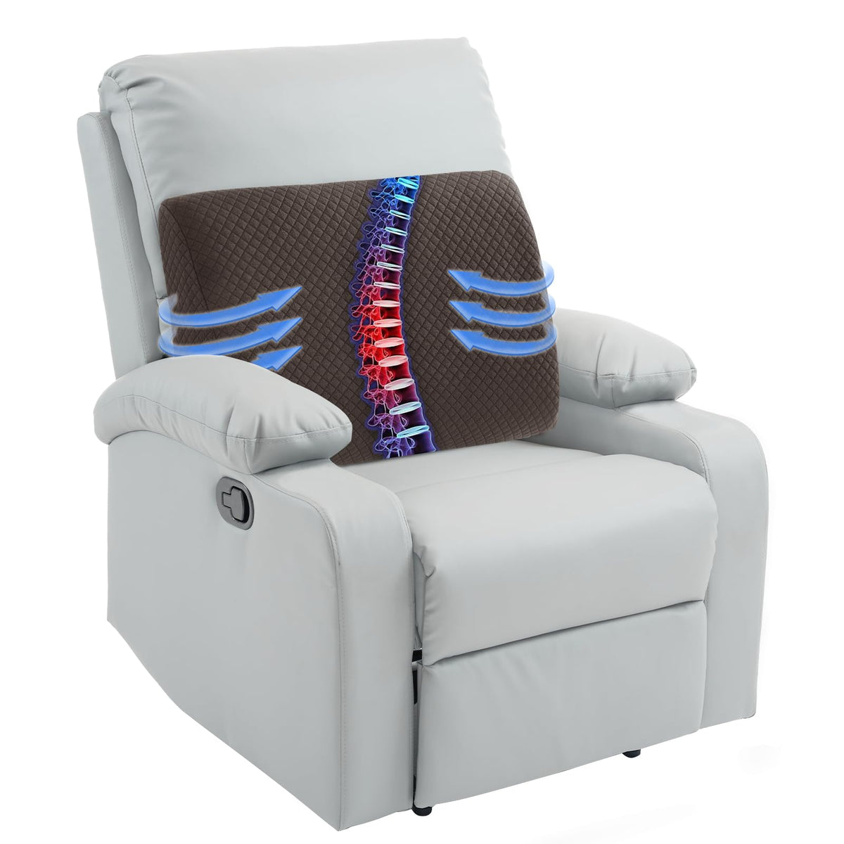 HOMBYS lumbar support pillow on a recliner showing ergonomic design for extended comfort