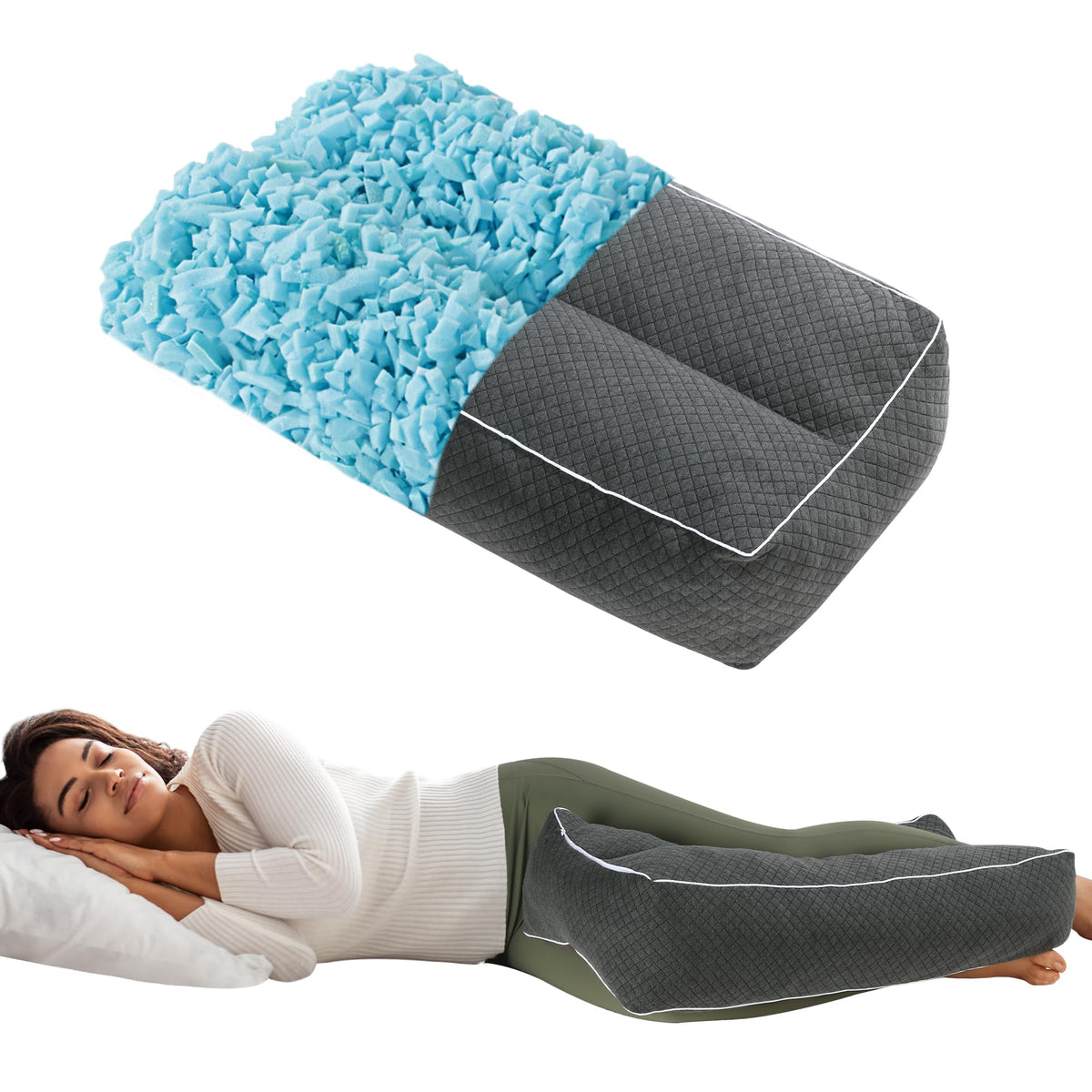 HOMBYS knee pillow with shredded memory foam supports side sleeping knee alignment.