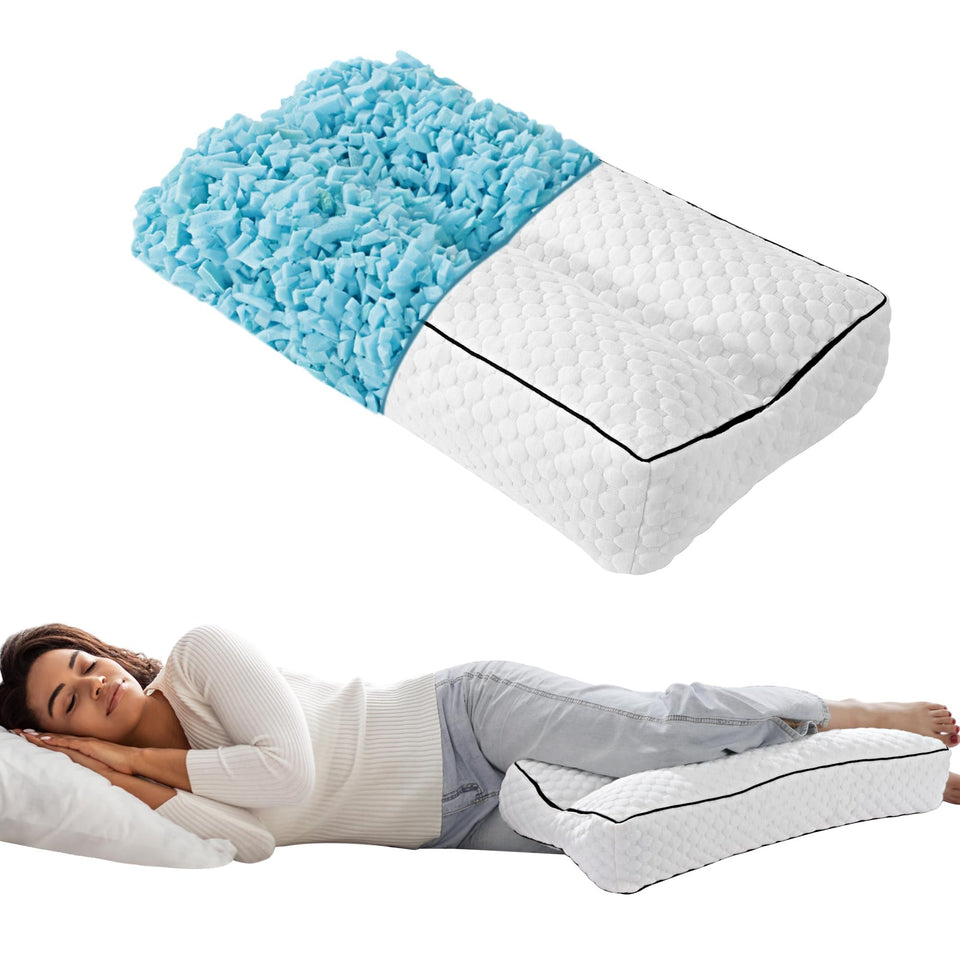 HOMBYS shredded memory foam knee pillow for side sleepers promoting spine alignment.