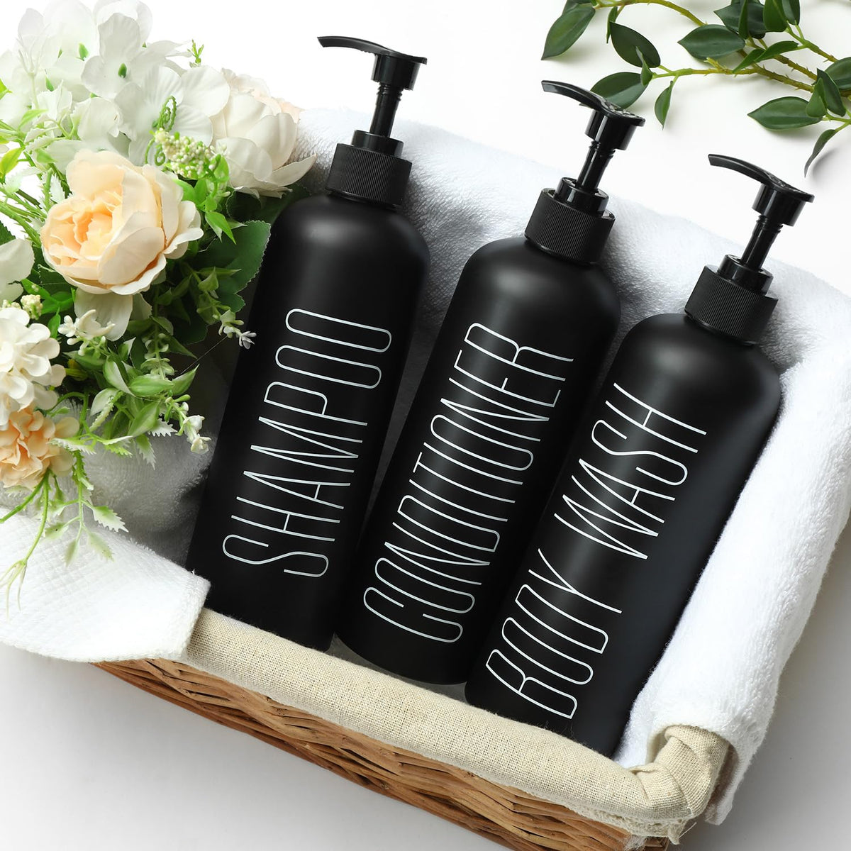 HOMCDALY black conditioner dispenser 16oz 3-pack keeps bath products neatly stored.