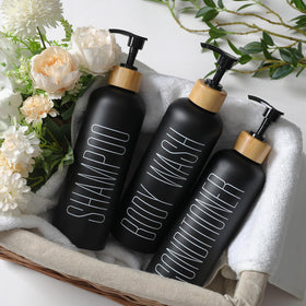 HOMCDALY minimalist black labels on dispensers for a clean look.