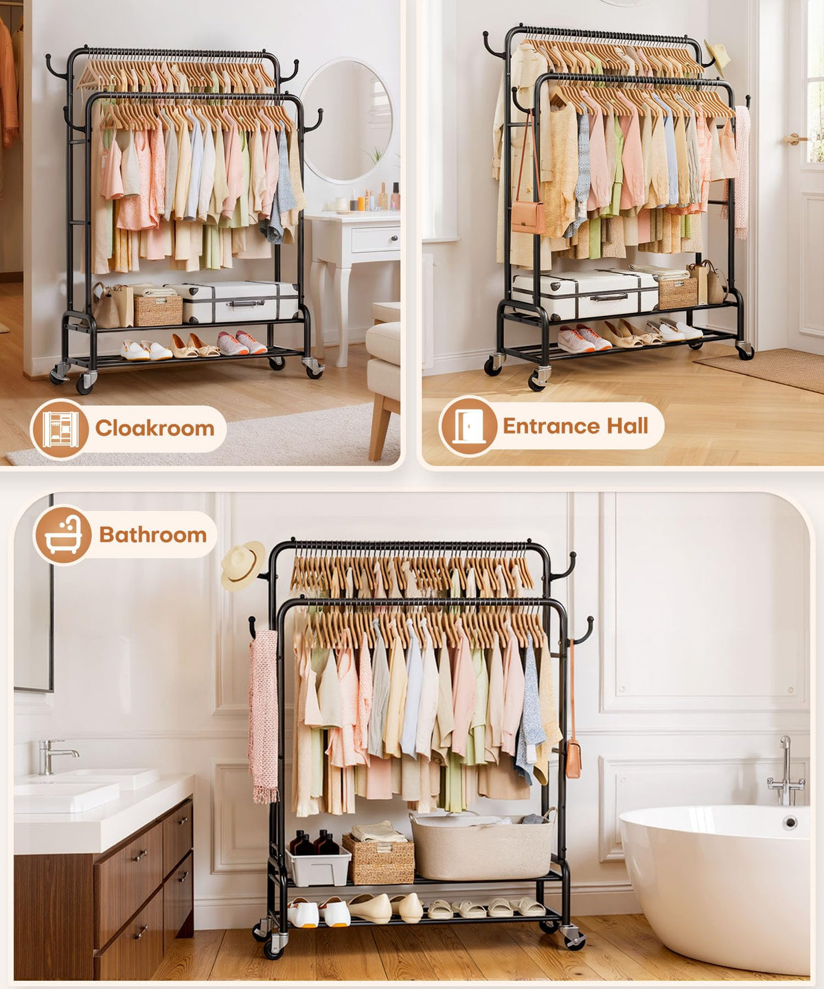 265-pound capacity highlights durability for heavy garments and seasonal wardrobes.
