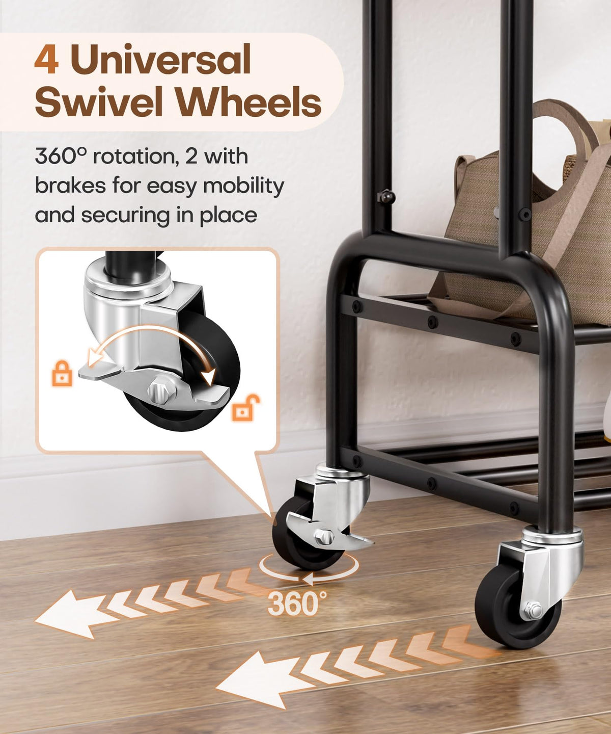 Four wheels with locking brakes stabilize this garment rack during use.