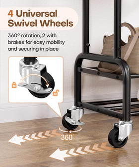Four wheels with locking brakes stabilize this garment rack during use.