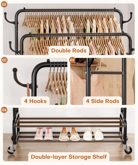 Lower shelves store shoes, boxes, or luggage beneath hanging garments.