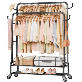 Homde heavy-duty rack with a full wardrobe on rolling double rods for easy access.