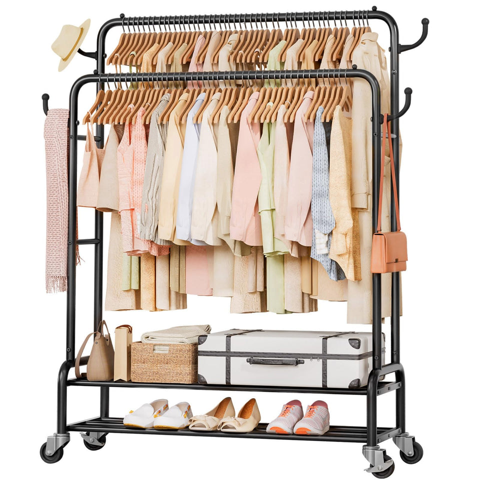 Homde heavy-duty rack with a full wardrobe on rolling double rods for easy access.
