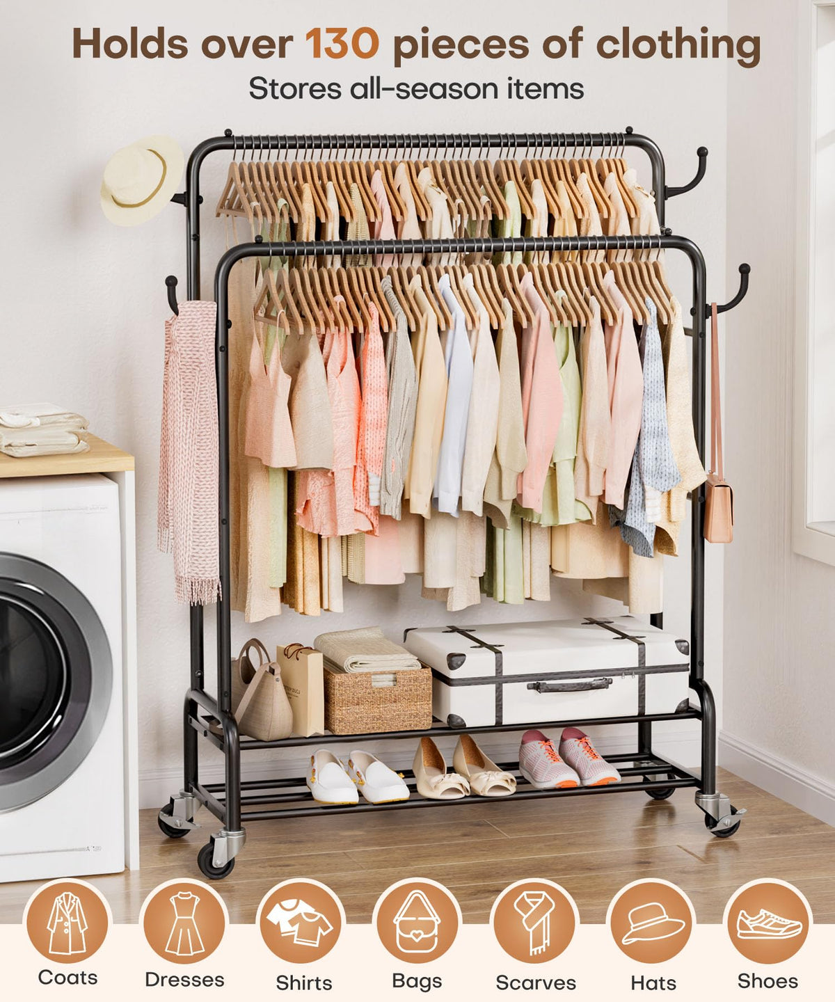 Side hooks hold caps and bags for compact organization.