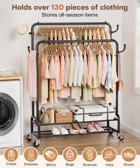 Side hooks hold caps and bags for compact organization.