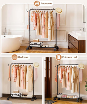 Homde rolling rack placed in a bedroom setup for compact wardrobe organization