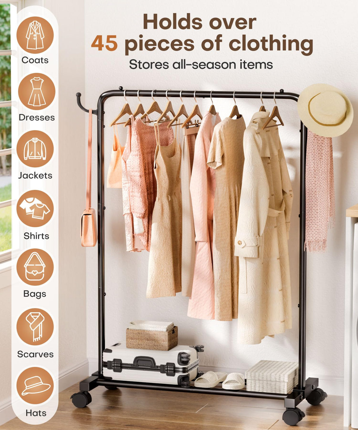 Homde rolling rack with luggage shelf visible for extra storage