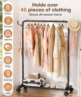 Homde rolling rack with luggage shelf visible for extra storage