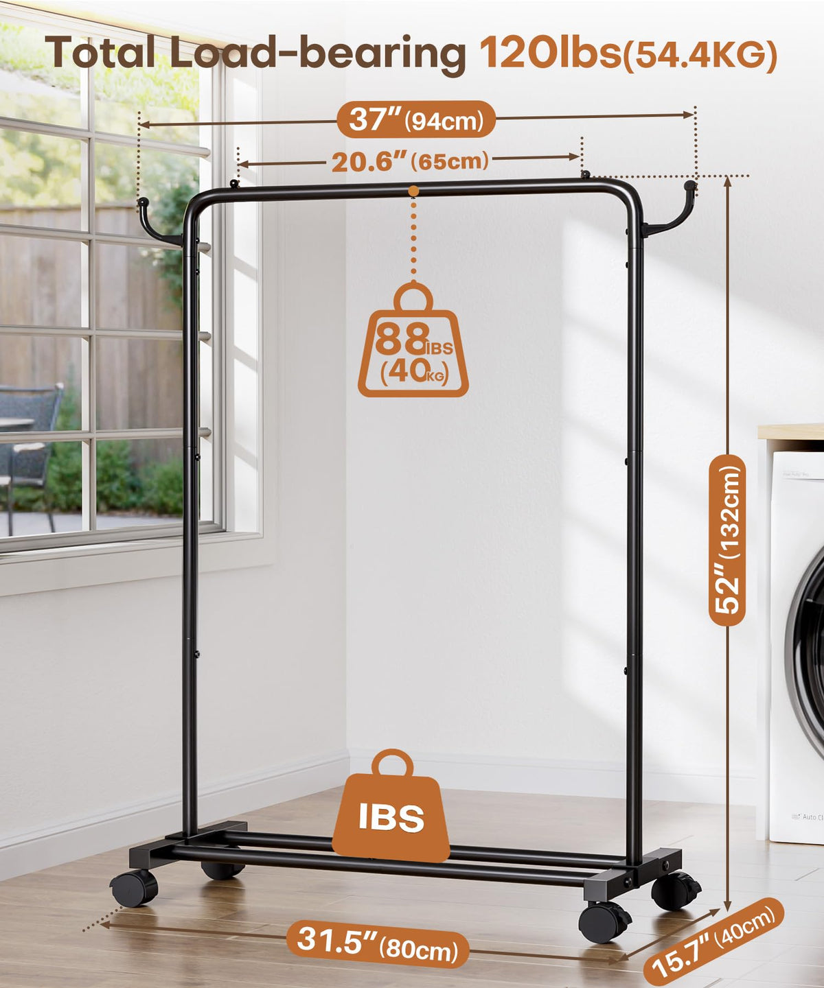 Homde rolling rack close up on the rod, showcasing hanging space for shirts and dresses