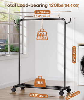 Homde rolling rack close up on the rod, showcasing hanging space for shirts and dresses