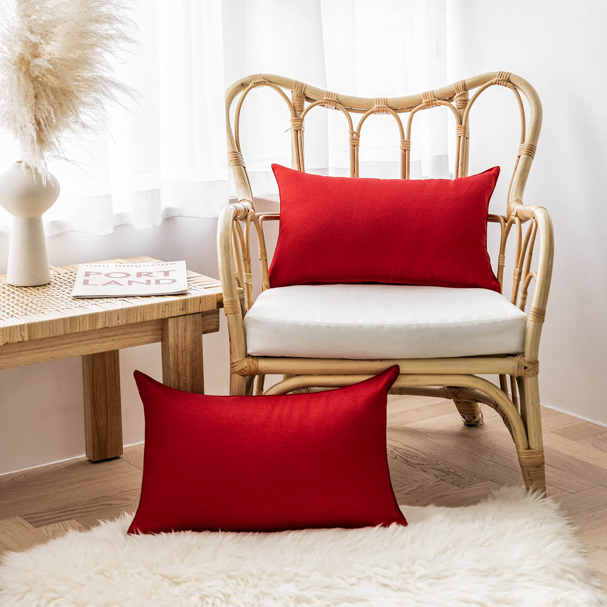 Home Brilliant linen-look pillow cover in red for indoor and outdoor decor.