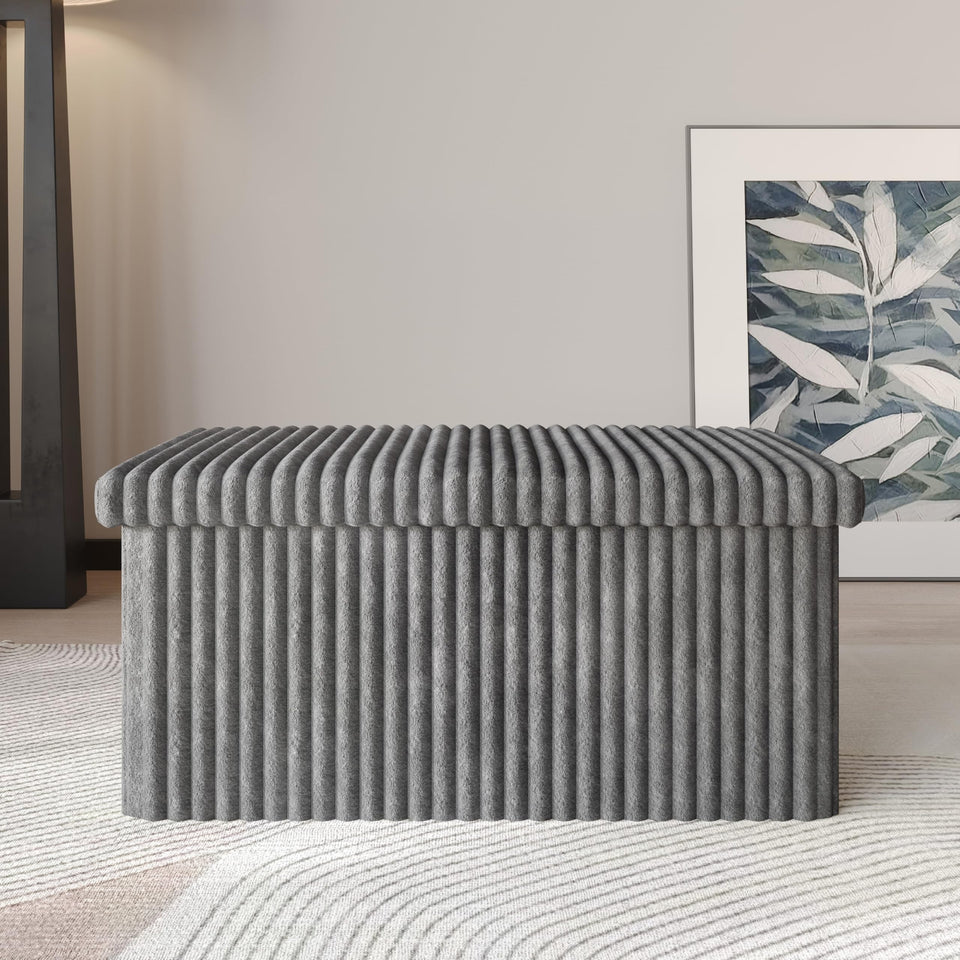 HOME DESIGN Florence bench in gray corduroy with tufted top for versatile seating and hidden storage.