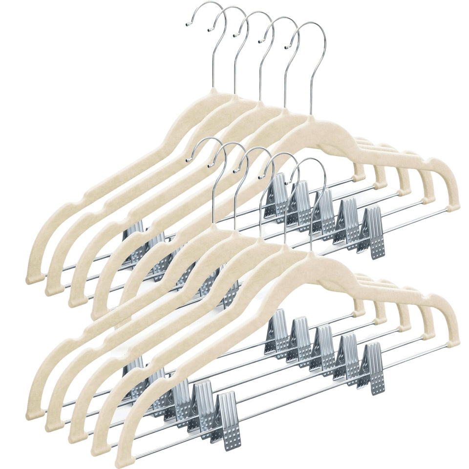 HOME IT velvet hangers with clips in ivory keep garments secure.