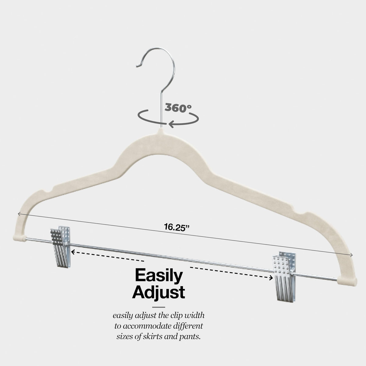 HOME IT ivory velvet hangers in a tidy closet setup.