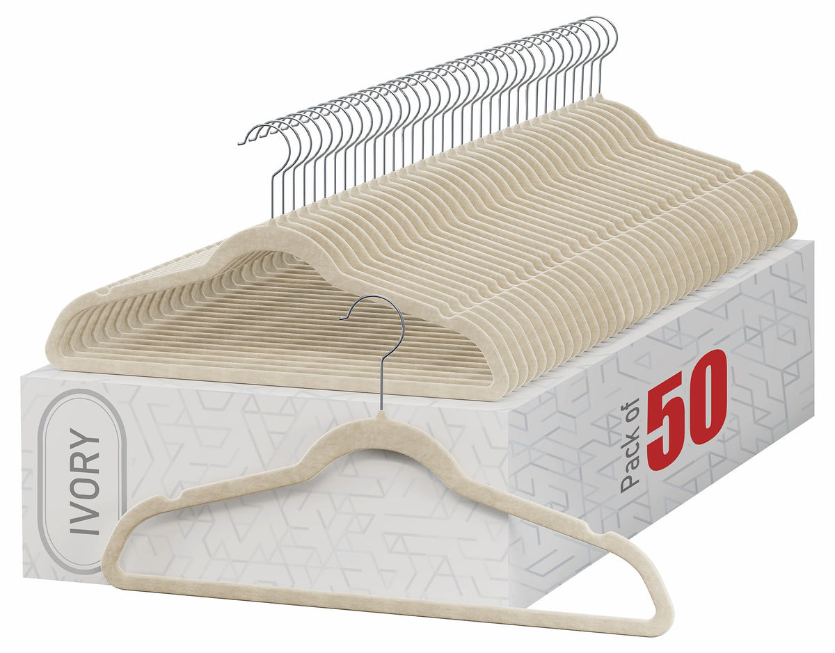 Home-It velvet hangers ivory pack for space-saving closet organization and non-slip storage.