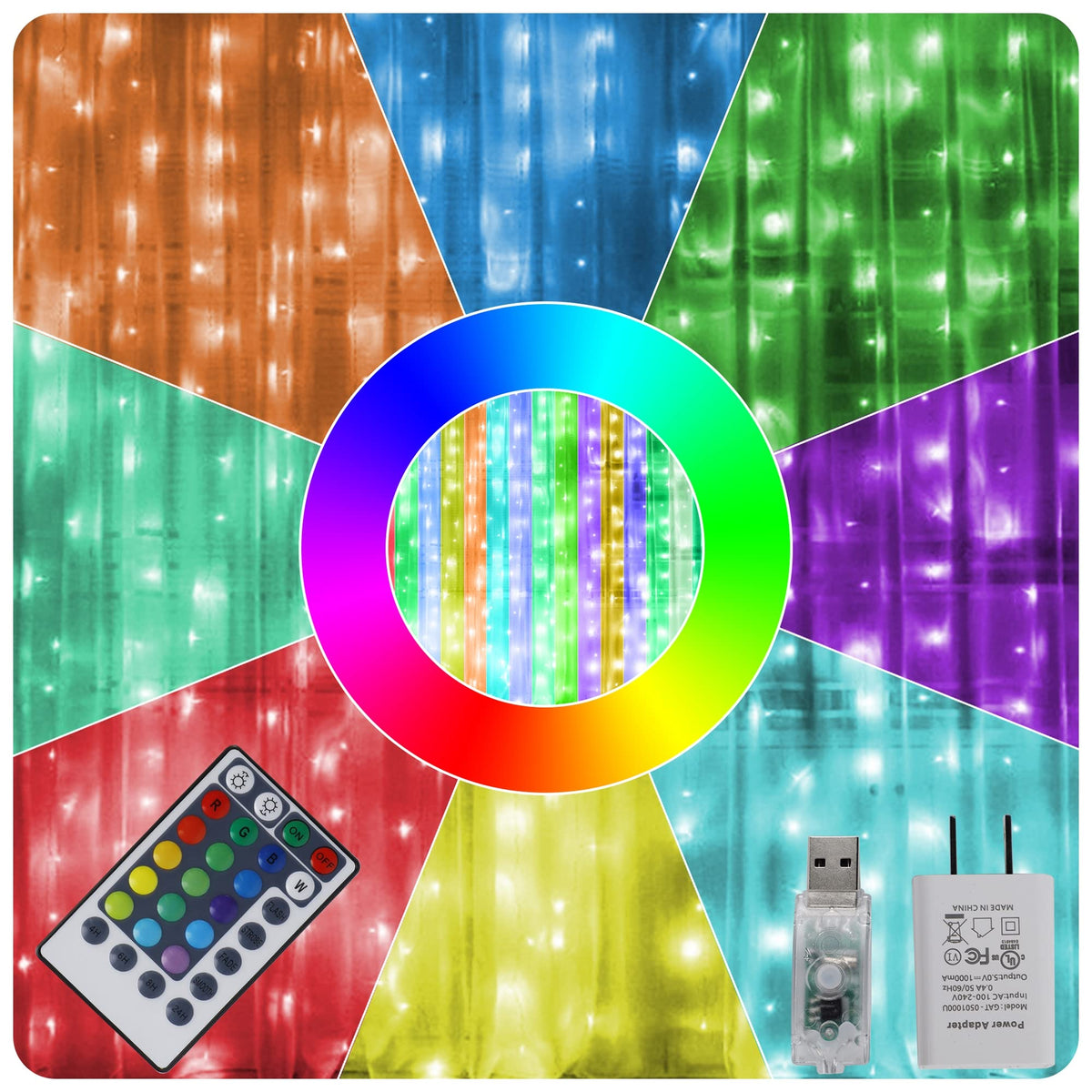 HOME LIGHTING window curtain light 300 LED RGB glows with vibrant color for events.