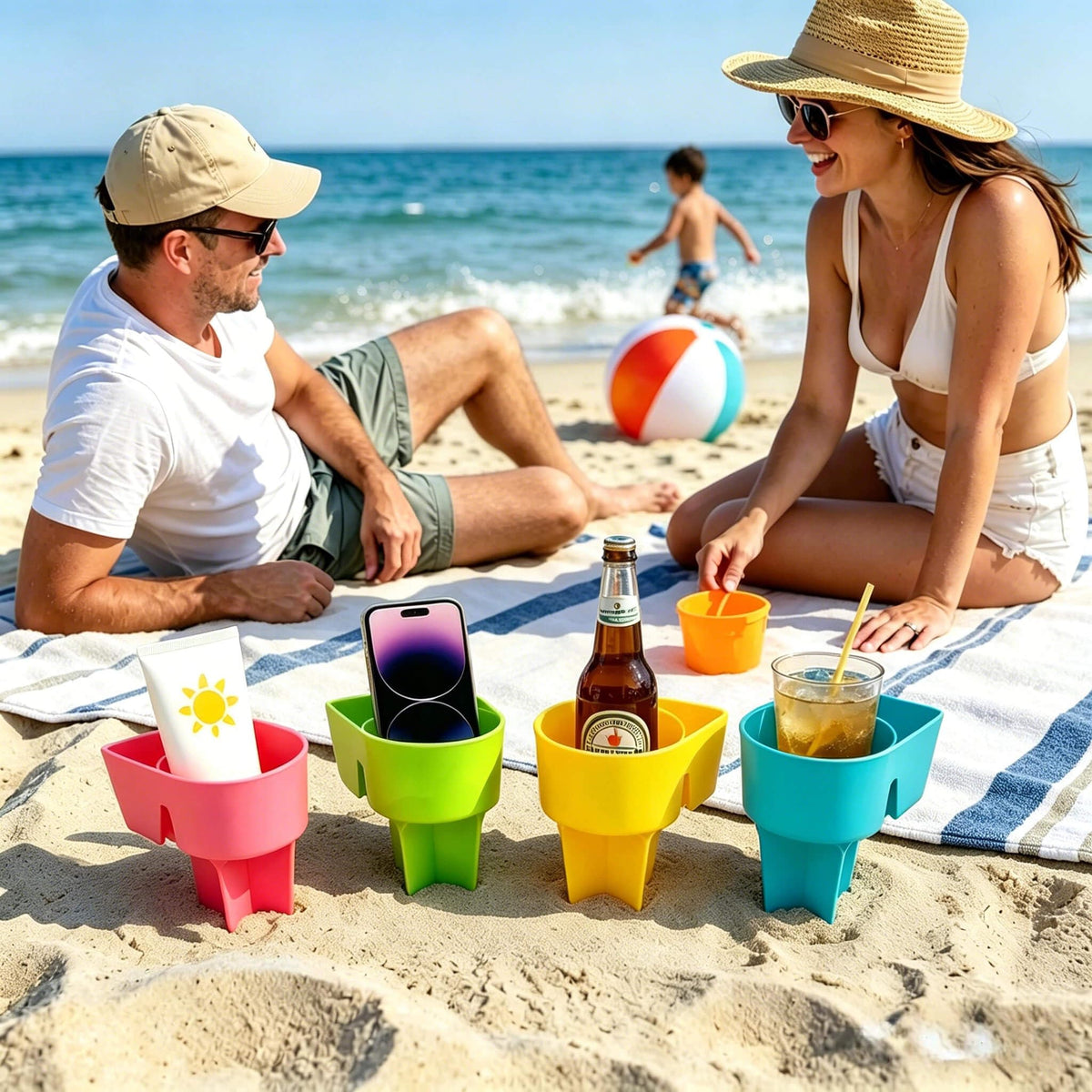Home Queen Beach Cup Holder in orange brightens the shoreline and catches the eye.