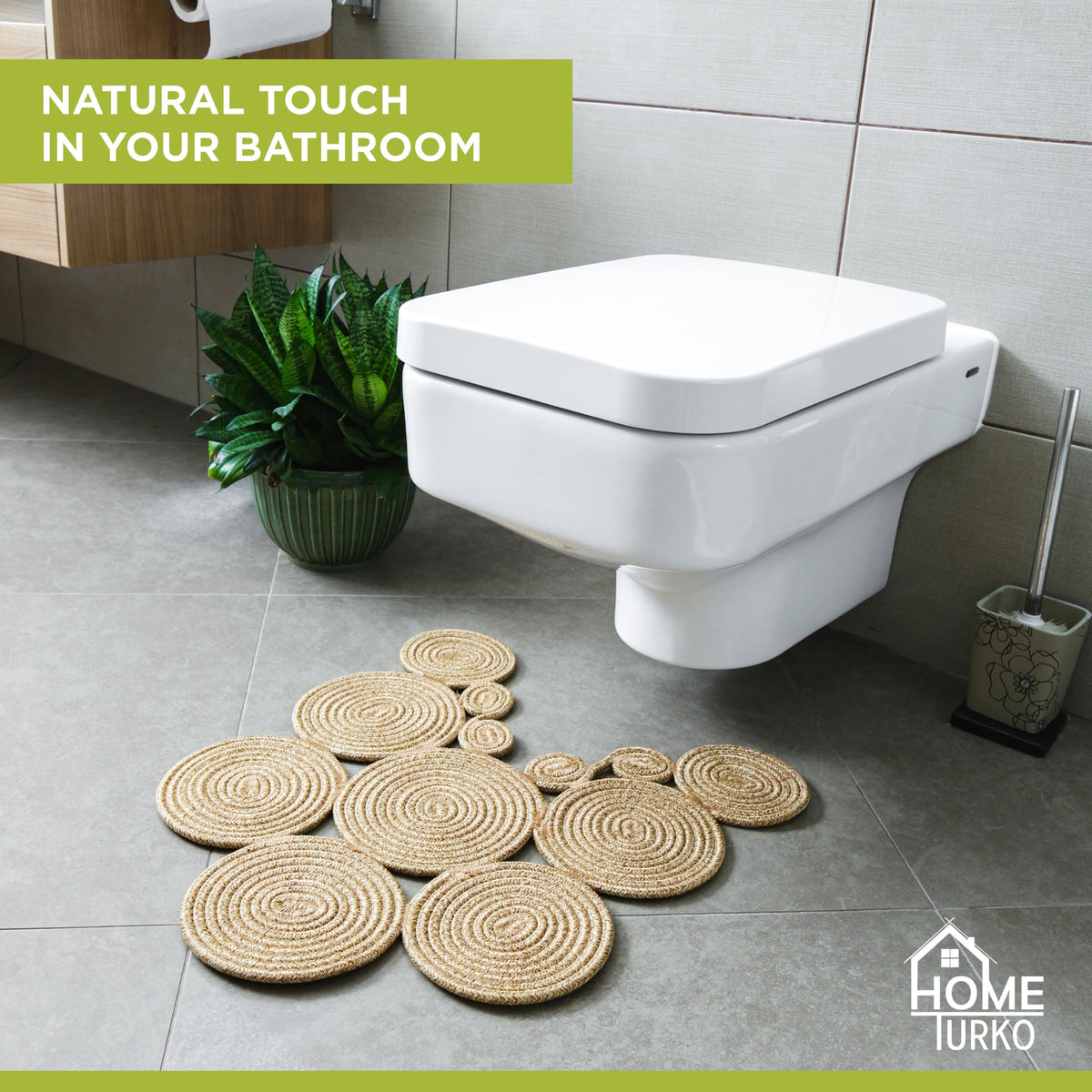 Home Turko Boho Jute Bath Mat water absorption demonstrates floor protection after showers.