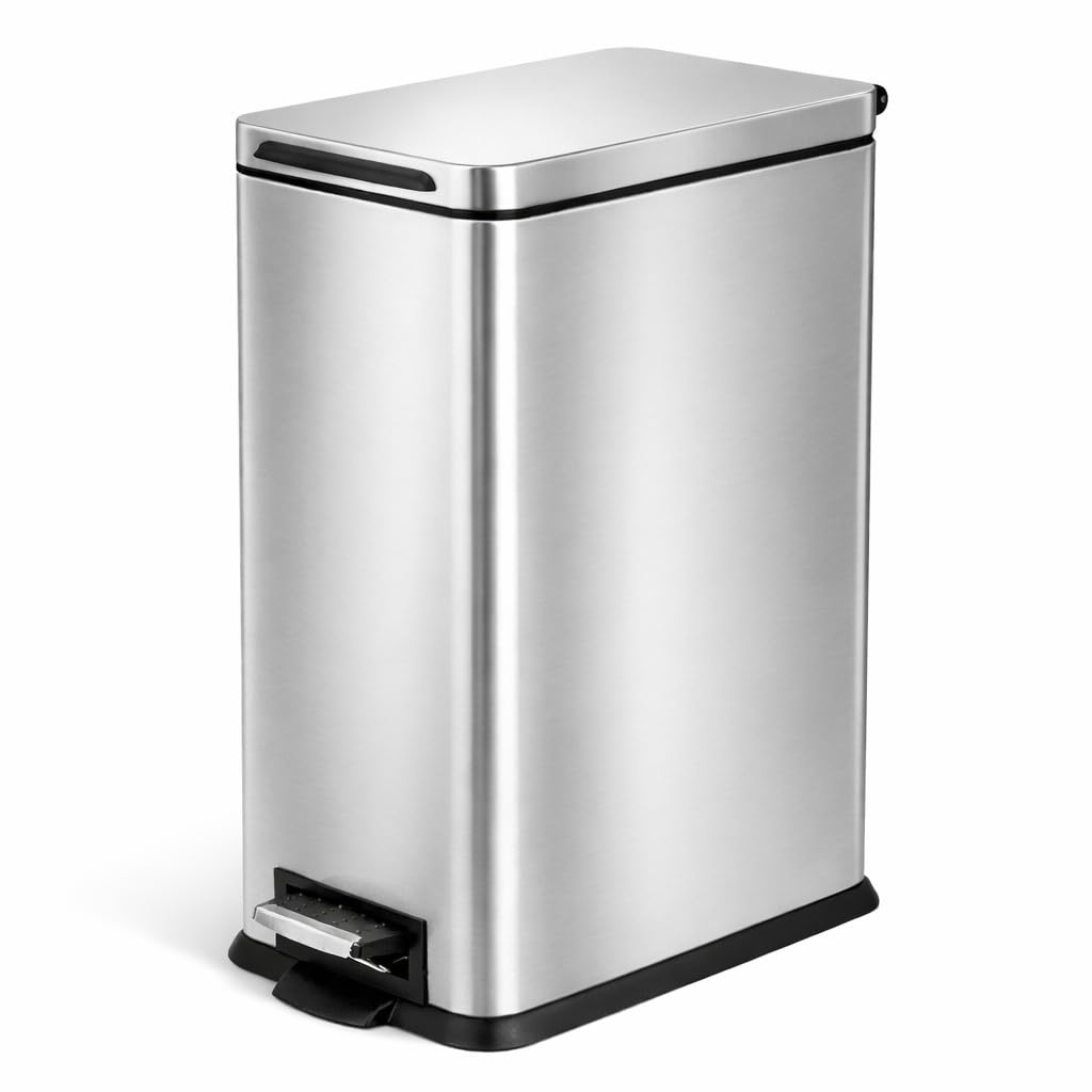 Home Zone Living 4-Gallon Slim Trash Can with Pedaled Lid keeps small kitchens tidy and accessible.