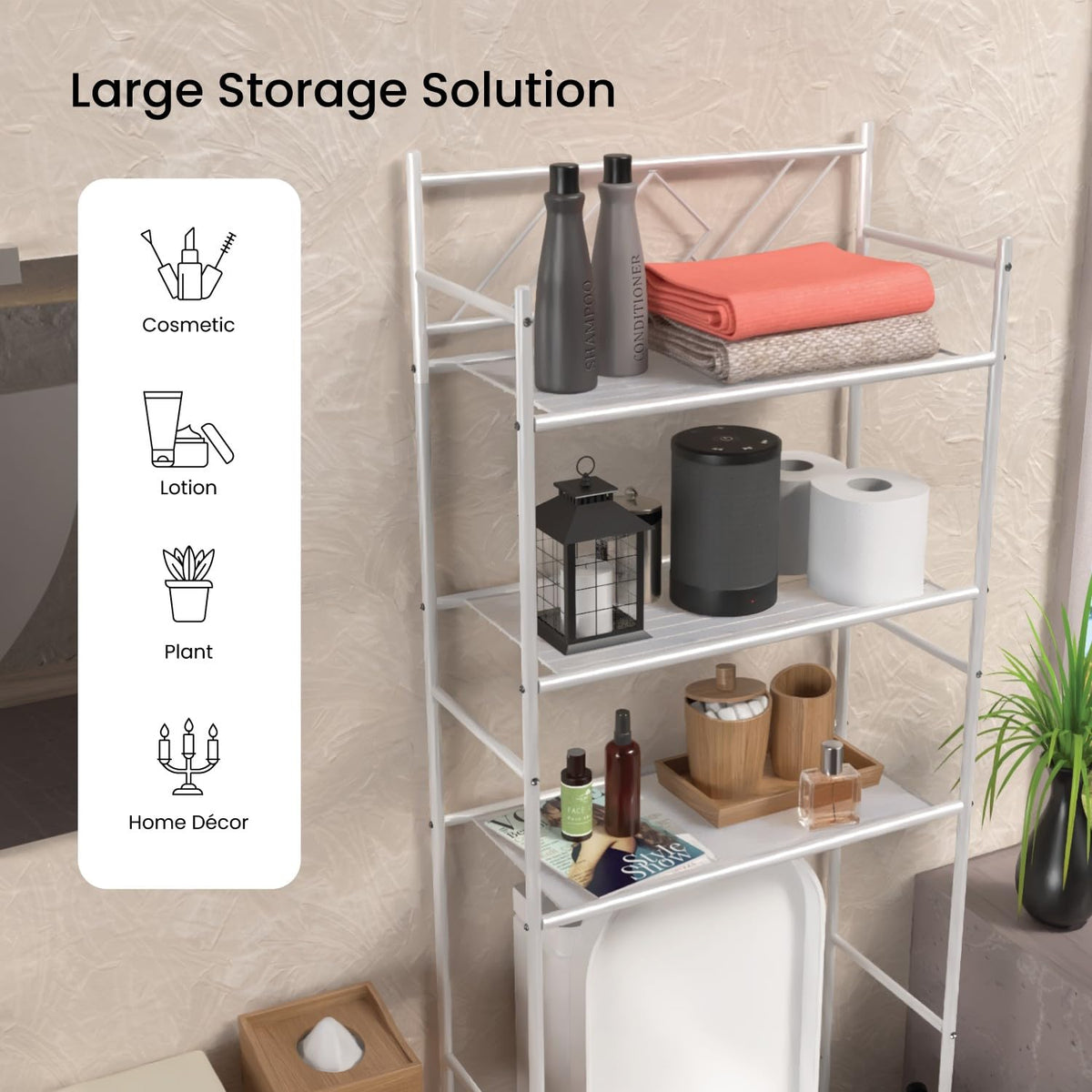 Freestanding bathroom organizer fits small spaces without wall mounting.