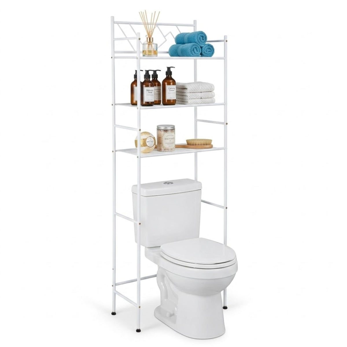 Home Zone Living over-the-toilet storage shelves neatly organizing towels and essentials.