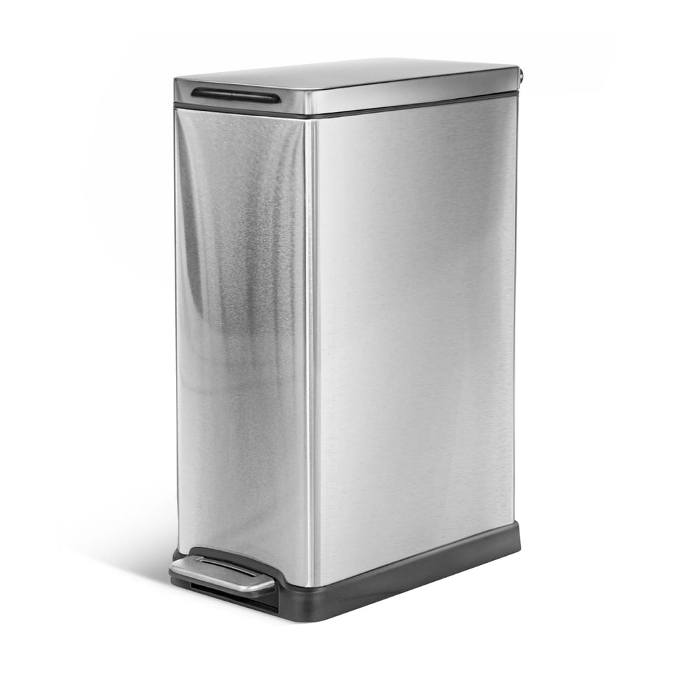 Home Zone Living slim trash can between cabinets for space-saving kitchen waste management