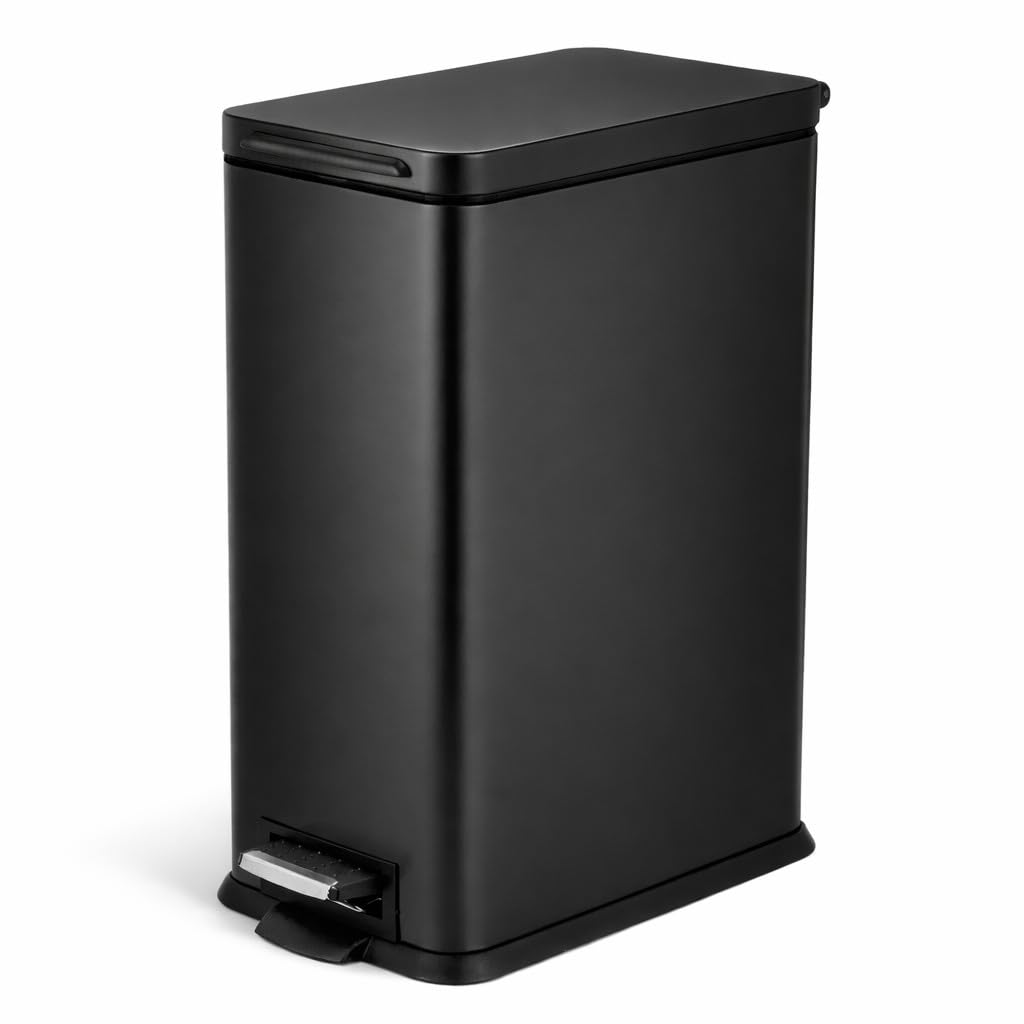 Home Zone Living slim trash can in a tight kitchen showing compact design and 4-gallon capacity