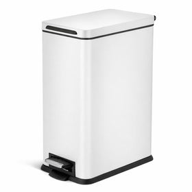 Home Zone Living slim trash can in stainless steel fits tight kitchens for space efficiency.