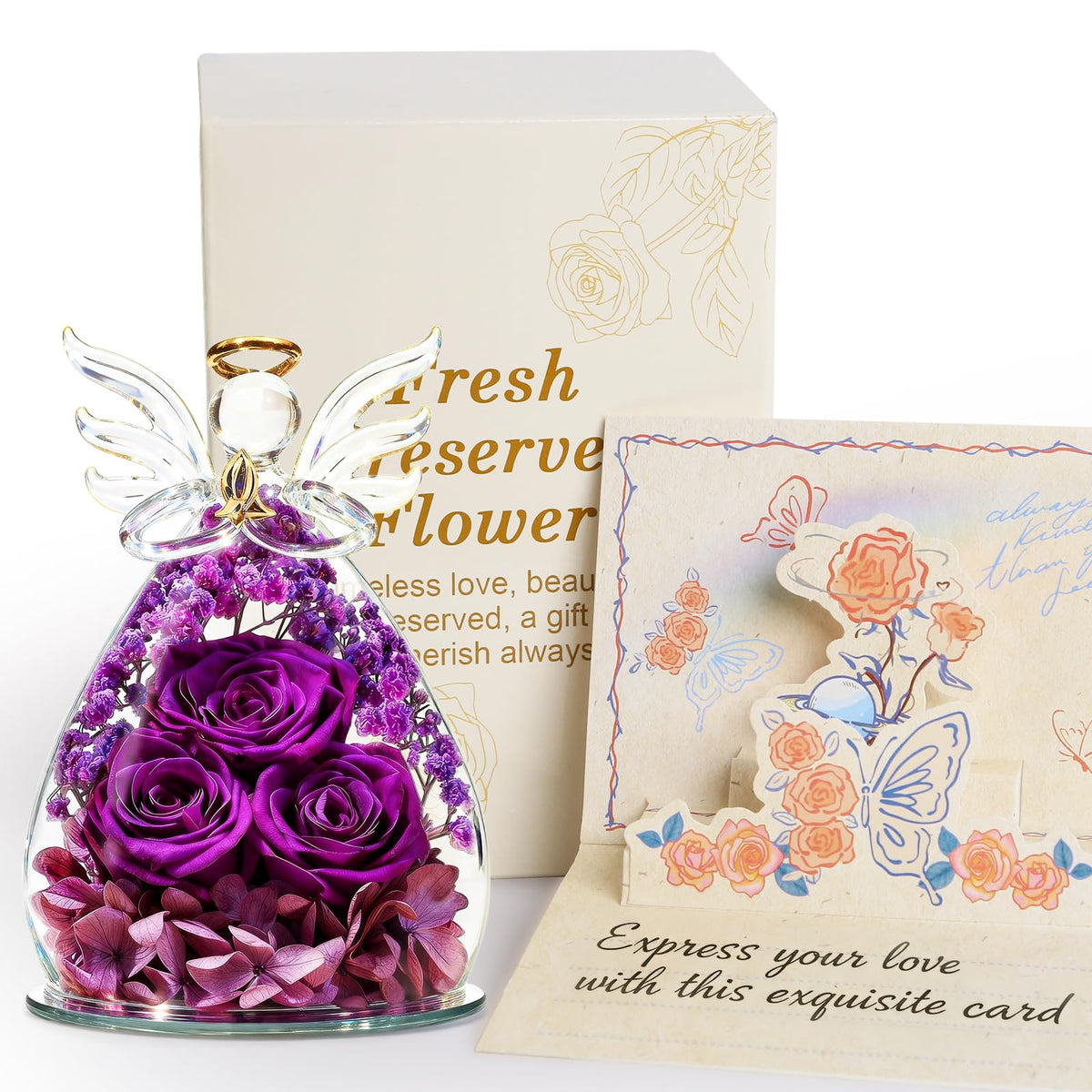 Homeasy preserved rose in a glass angel dome, timeless beauty that requires no watering.