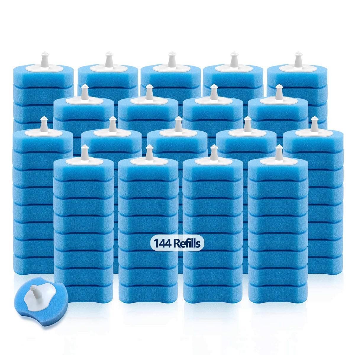 HOMEBETTER 144 count disposable toilet brush refills with blue foam for thorough bowl cleaning.