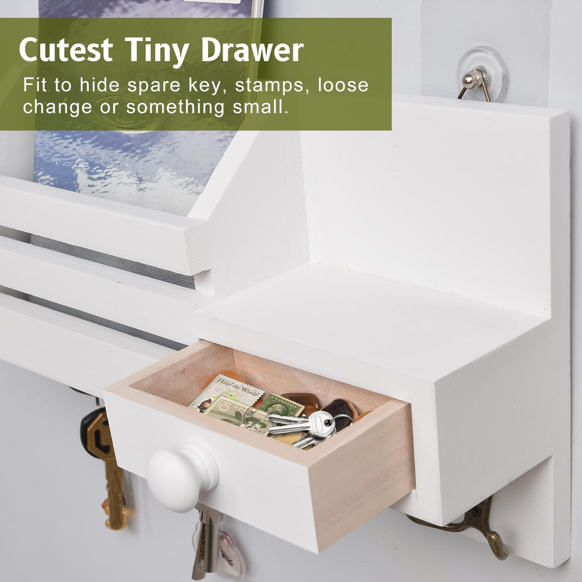 HOMEBROS pull-out drawer stores stamps and batteries for quick access