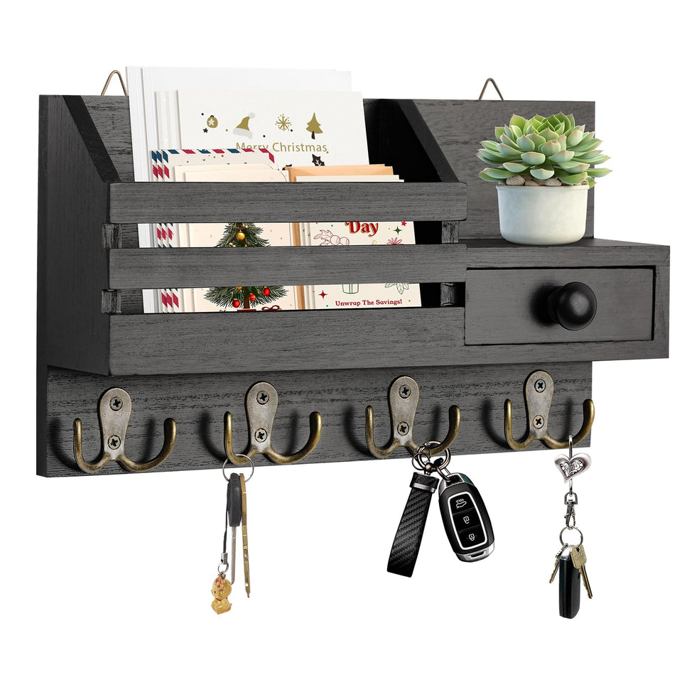 HOMEBROS key holder wall mount with drawer in black wood finish for organized entryways.