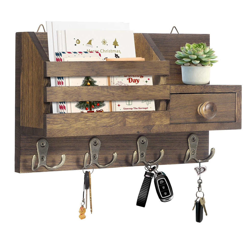 HOMEBROS key holder wall mount with drawer keeps keys organized and mail neatly stored.