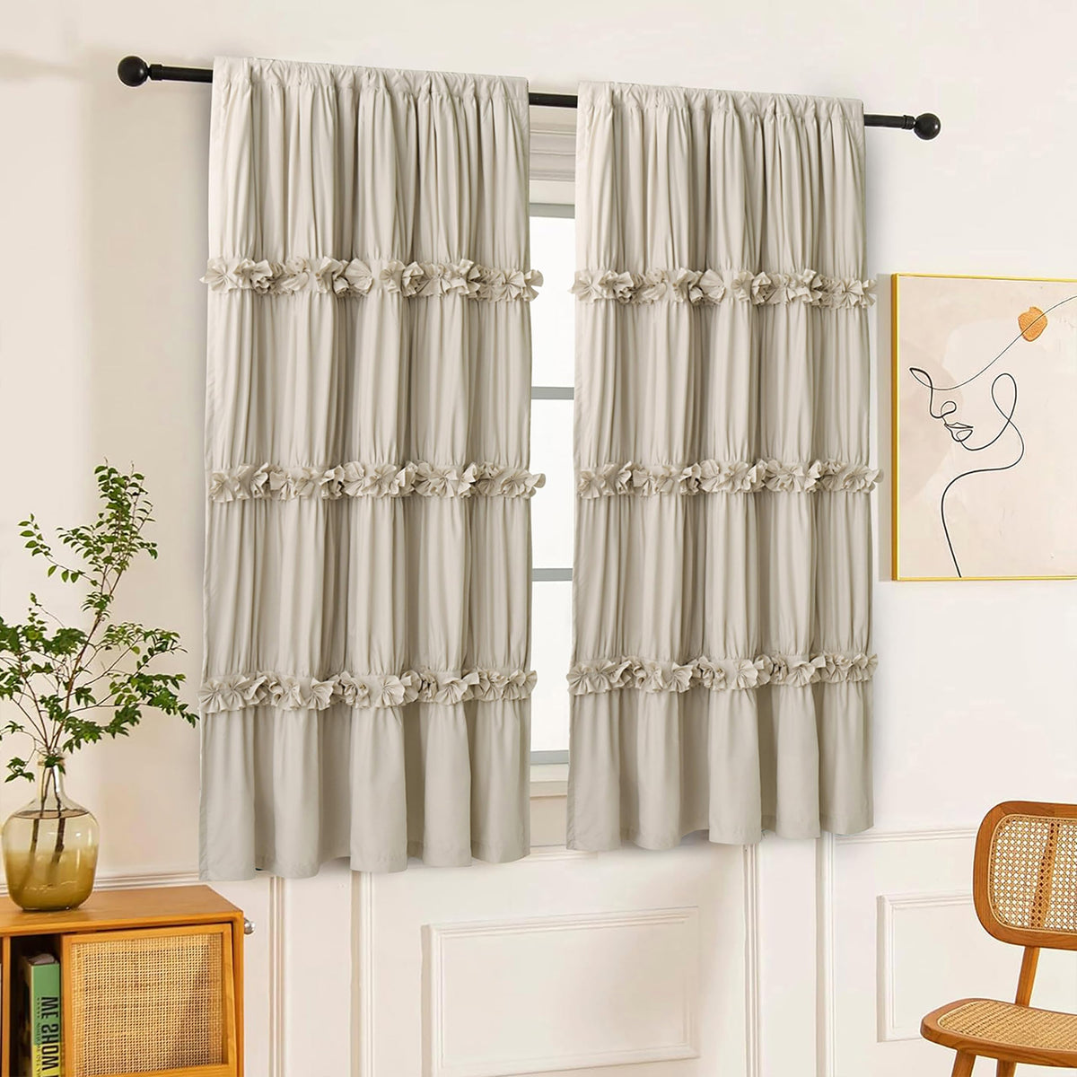Homechoice Decor boho ruched curtains highlight 3 rows of butterfly details for elegant window styling.