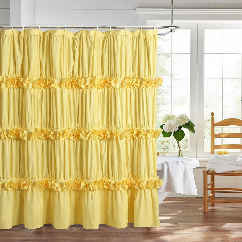 Homechoice Decor bright yellow shower curtain with ruched microfiber adds vibrant farmhouse charm and quick-dry practicality.