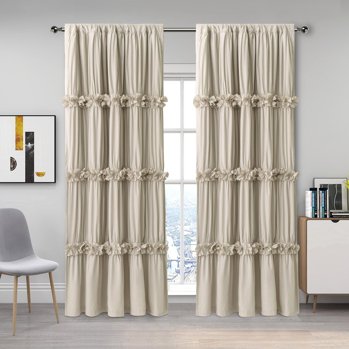 Homechoice Decor butterfly-flowers ruched curtains add romantic detail and light control.
