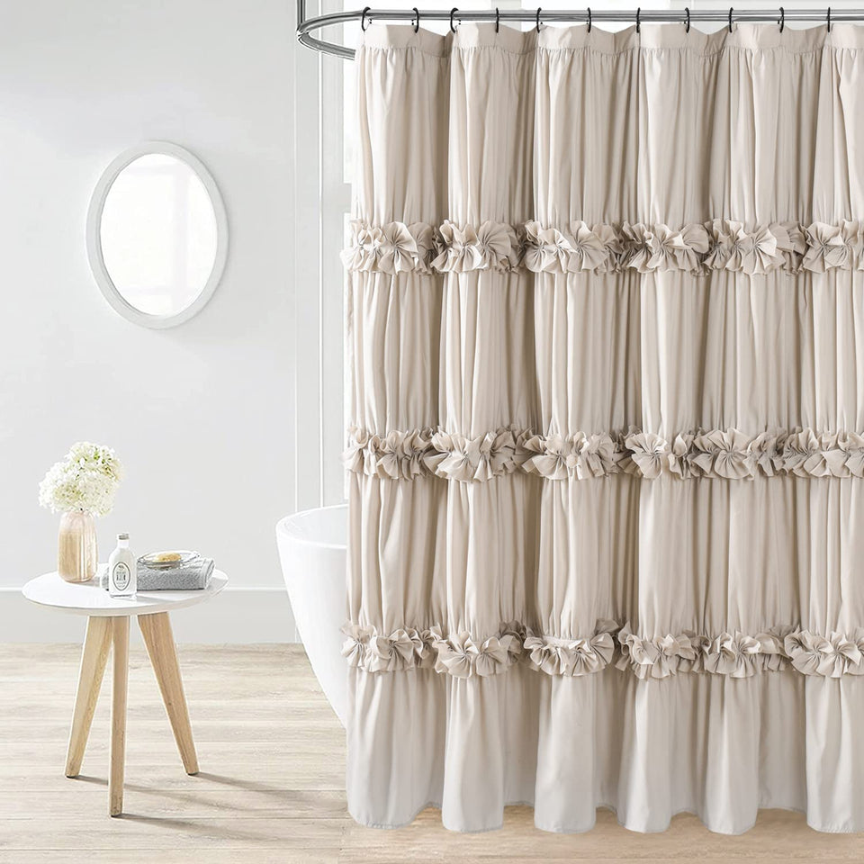 Homechoice Decor camel-ruffle shower curtain adds vintage charm and privacy in the bathroom.