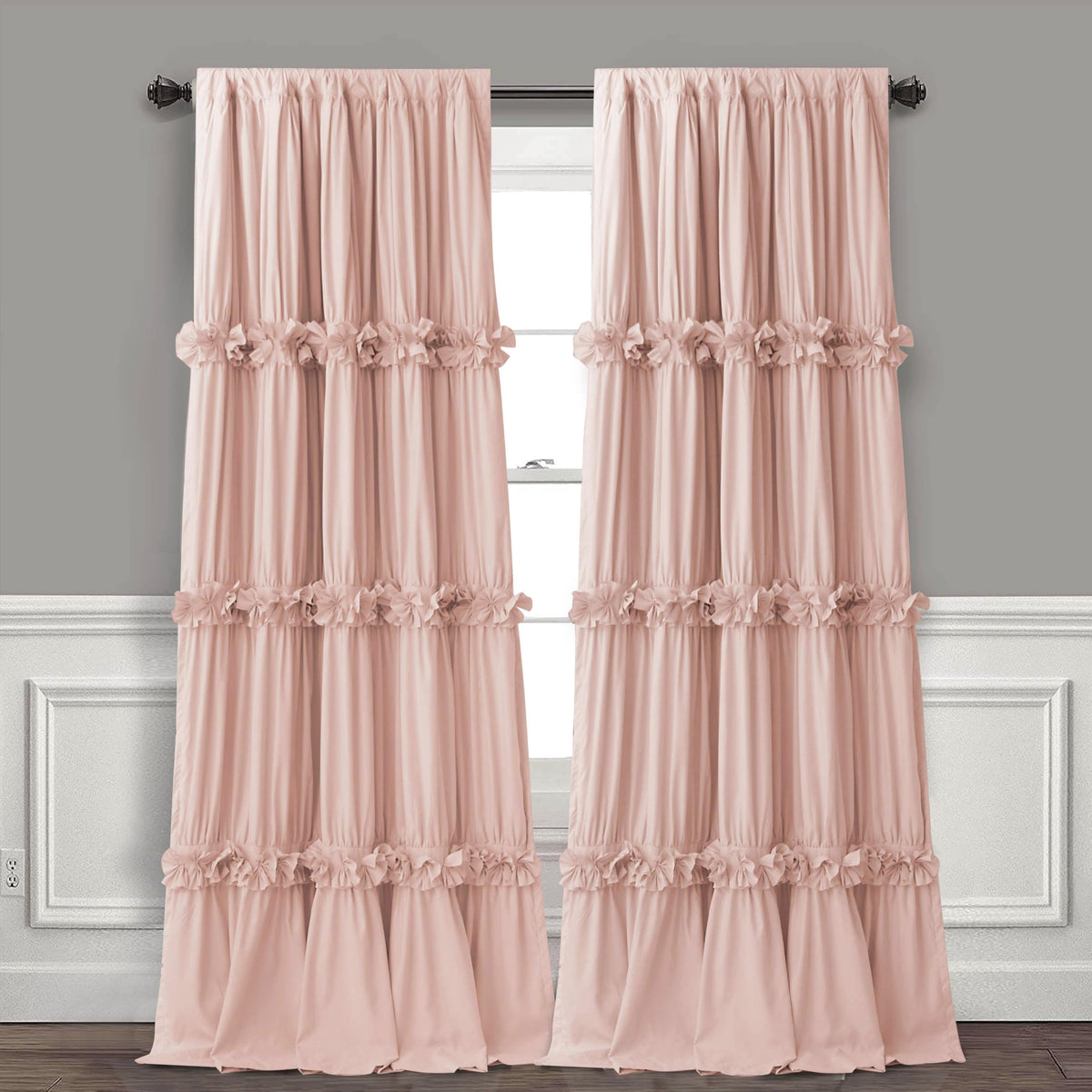 Homechoice Decor peach pink ruched curtains with butterfly flowers for privacy and light control.