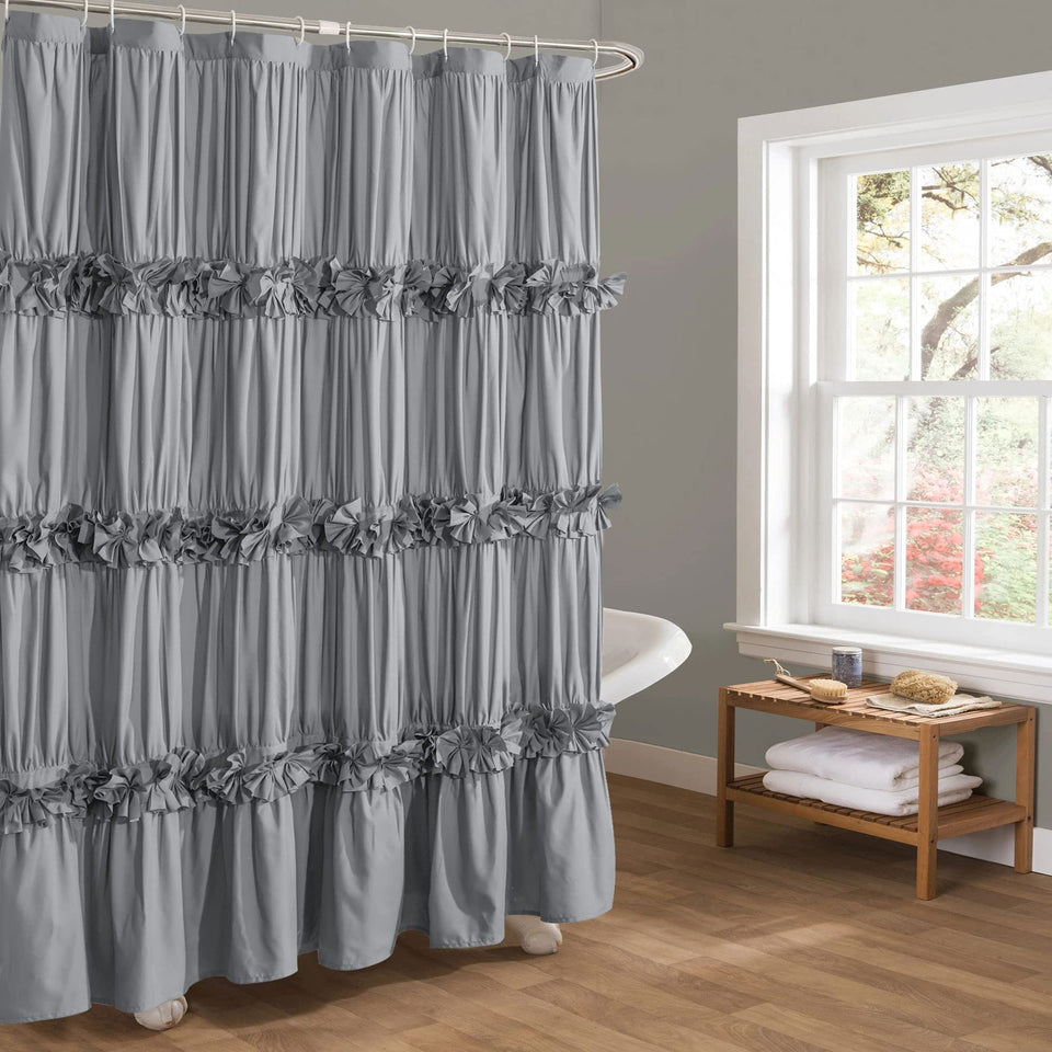 Homechoice Decor Victorian ruffle shower curtain with butterfly details for romantic bathroom charm