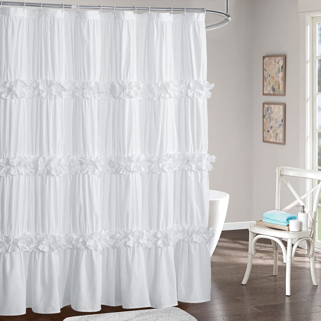 Homechoice Decor Victorian Ruffle Shower Curtain closeup shows elegant ruffles.