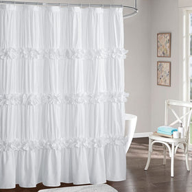 Homechoice Decor Victorian Ruffle Shower Curtain closeup shows elegant ruffles.