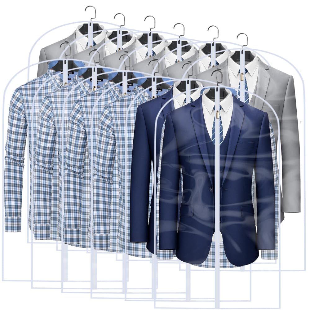 HomeClean clear garment bags 12-pack visible, easy wardrobe identification and quick packing.