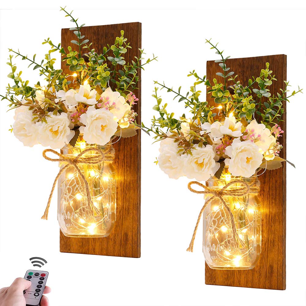 Homecor rustic mason jar sconce with LED lights for warm living room ambience.