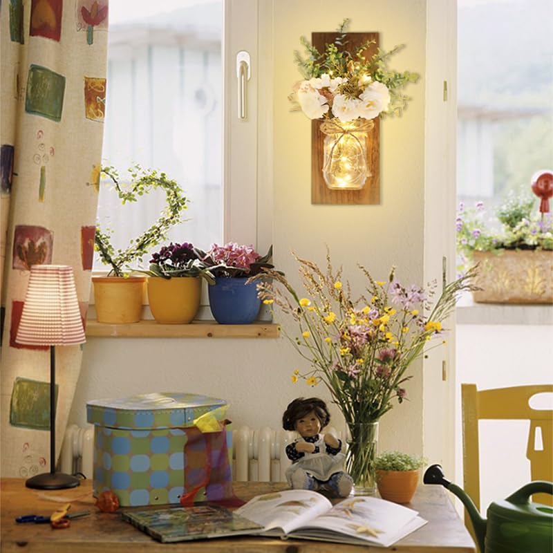 Homecor white peony accents add farmhouse charm to wall decor.